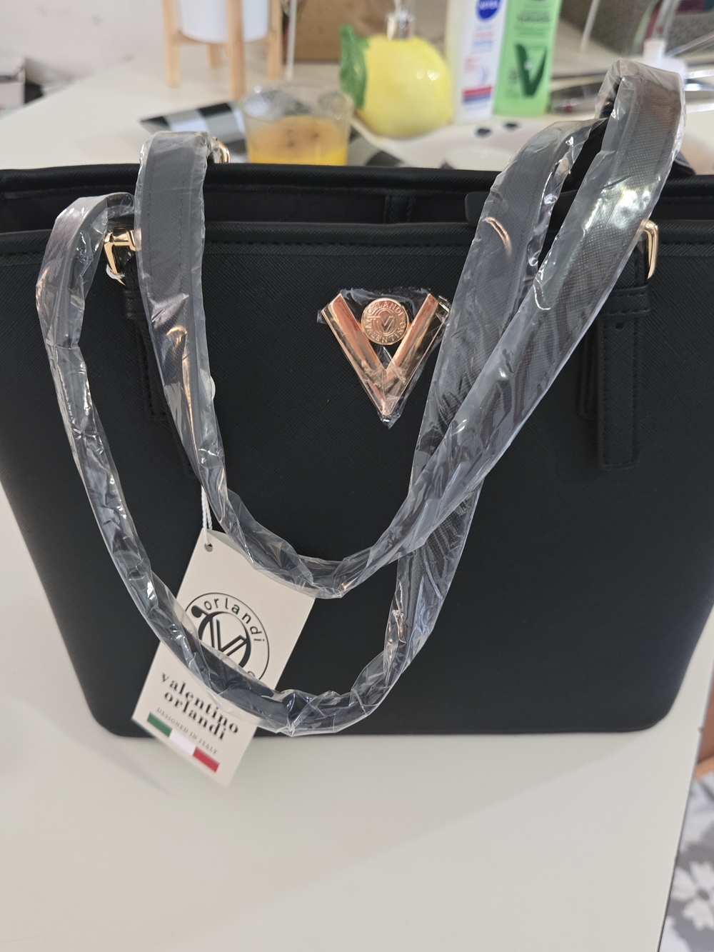 Valentino Orlandi Black Tote with Rose Gold V Emblem